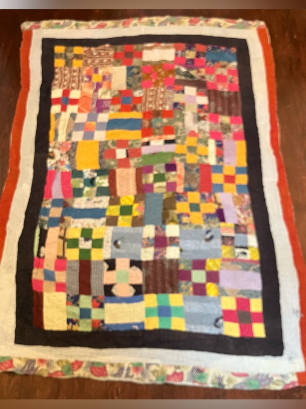 VTG Handmade Hand Quilted 9 Patch Kantha Scrap 60x84 Twin Throw Quilt Farmhouse